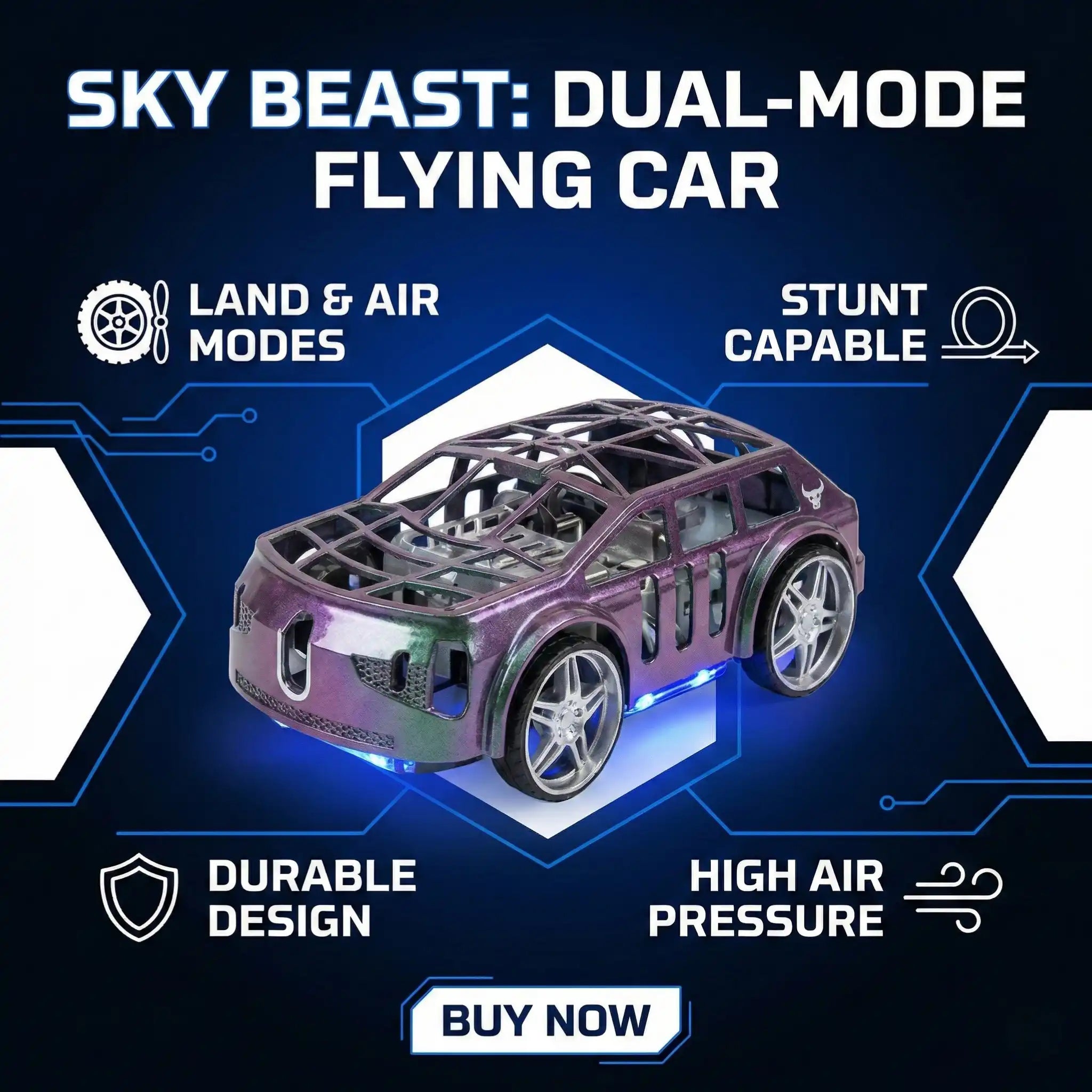 RC Flying Car Toy – Remote Control Anti-Crash Drift Car with LED Lights & Rechargeable Battery (Ages 6+)
