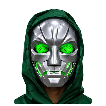 Doctor Doom LED Mask with Hood – Luminous Green Eyes, Sound Effect & Expression Change, Silver Metallic Cosplay Mask for Kids & Adults