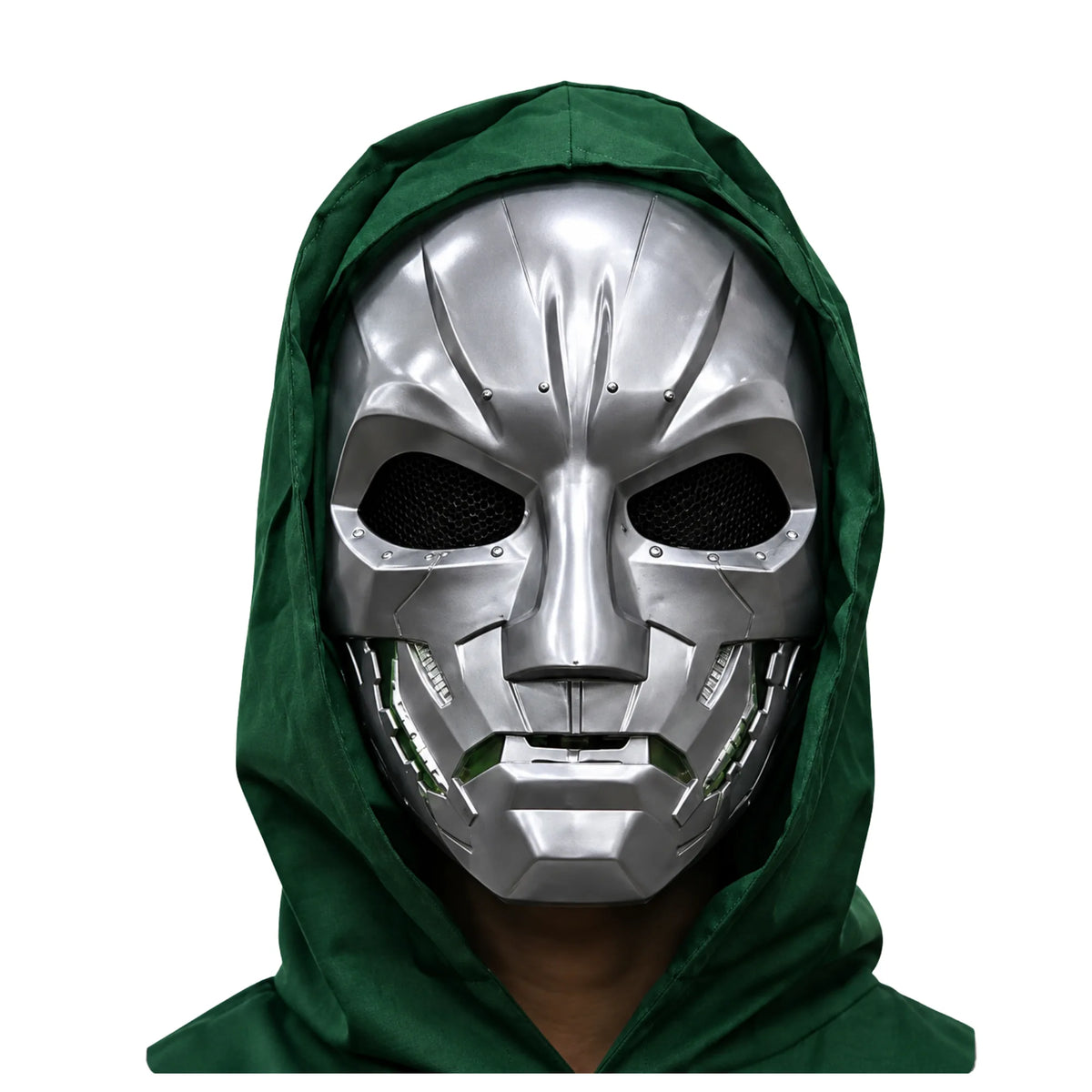 Doctor Doom LED Mask with Hood – Luminous Green Eyes, Sound Effect & Expression Change, Silver Metallic Cosplay Mask for Kids & Adults