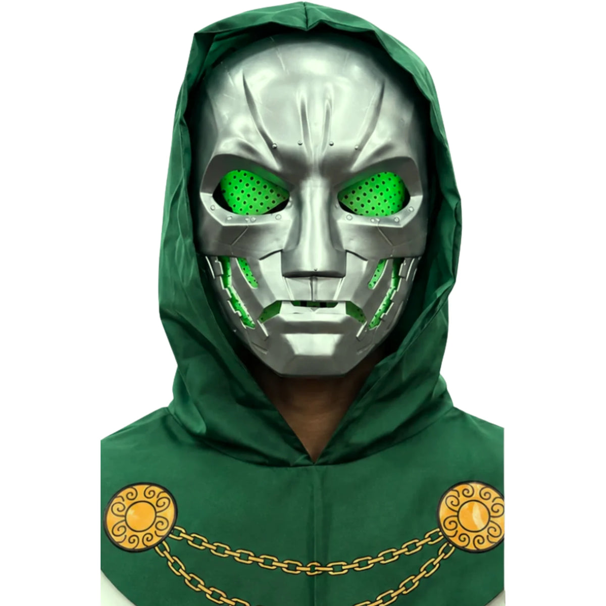Doctor Doom LED Mask with Hood – Luminous Green Eyes, Sound Effect & Expression Change, Silver Metallic Cosplay Mask for Kids & Adults