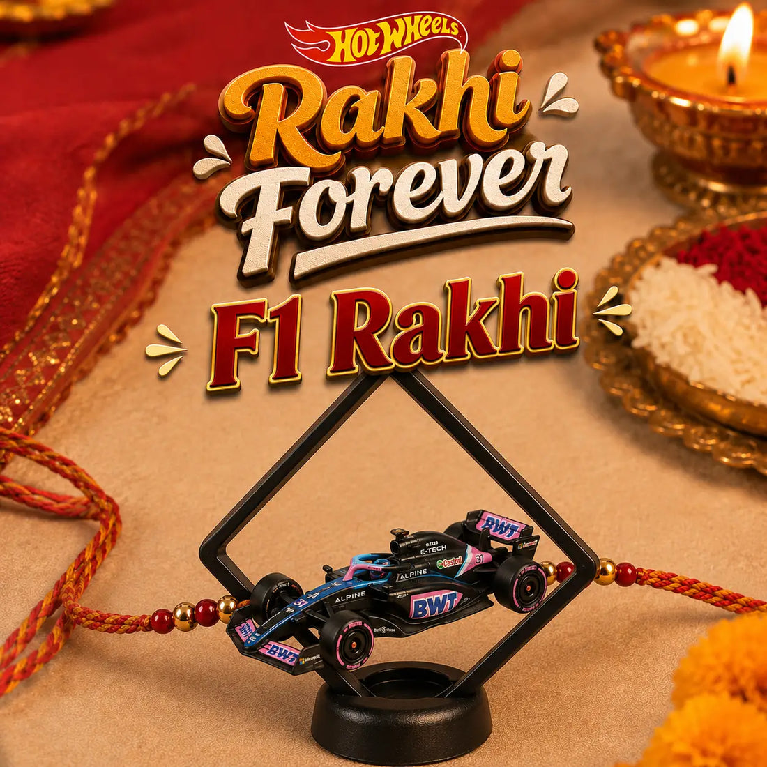 Die-Cast F1 Hot Wheels Rakhi ₹599 – 1:64 Scale Formula 1 Collectible Car Gift
