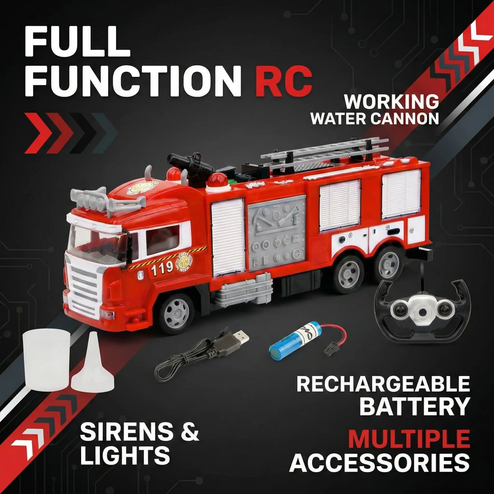 Remote Control Fire Truck Toy with Water Spray Mist & 360° Rotating Spout | LED Light RC Fire Engine