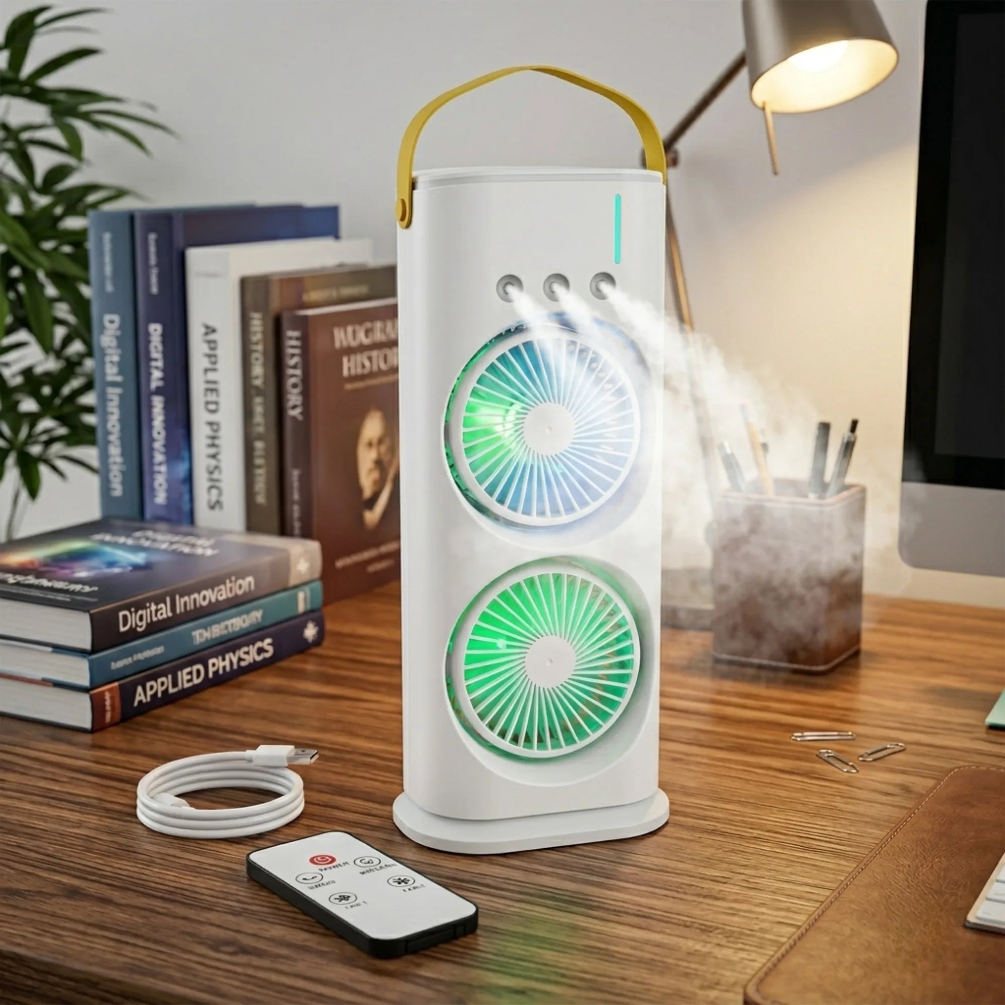 Portable USB Air Cooler Fan with Water Spray Mist, LED Night Light, Remote Control & 3 Speed Modes