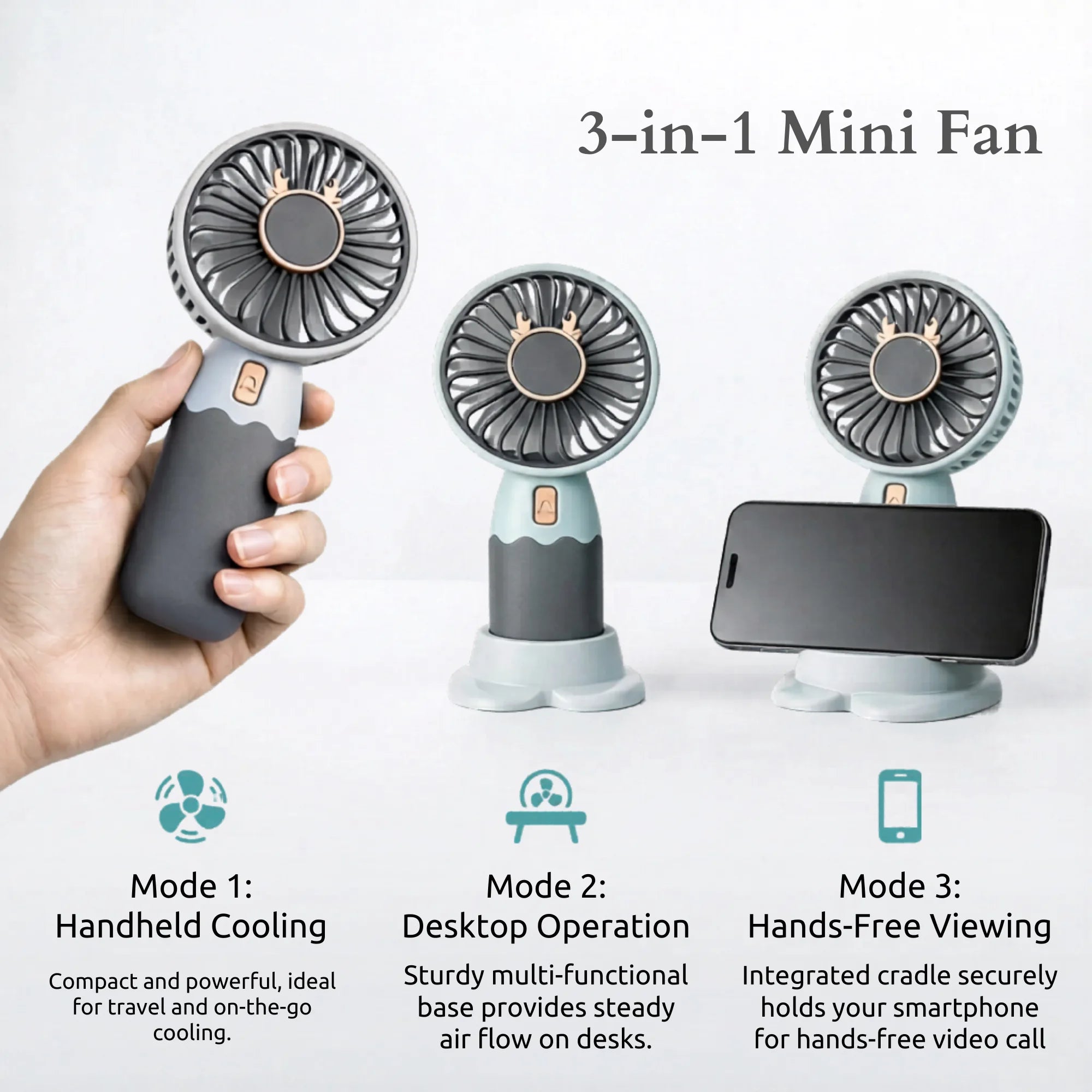 Mini Rechargeable Handheld Fan with 3 Speed Modes, Desktop Stand, Phone Holder & Type-C Charging