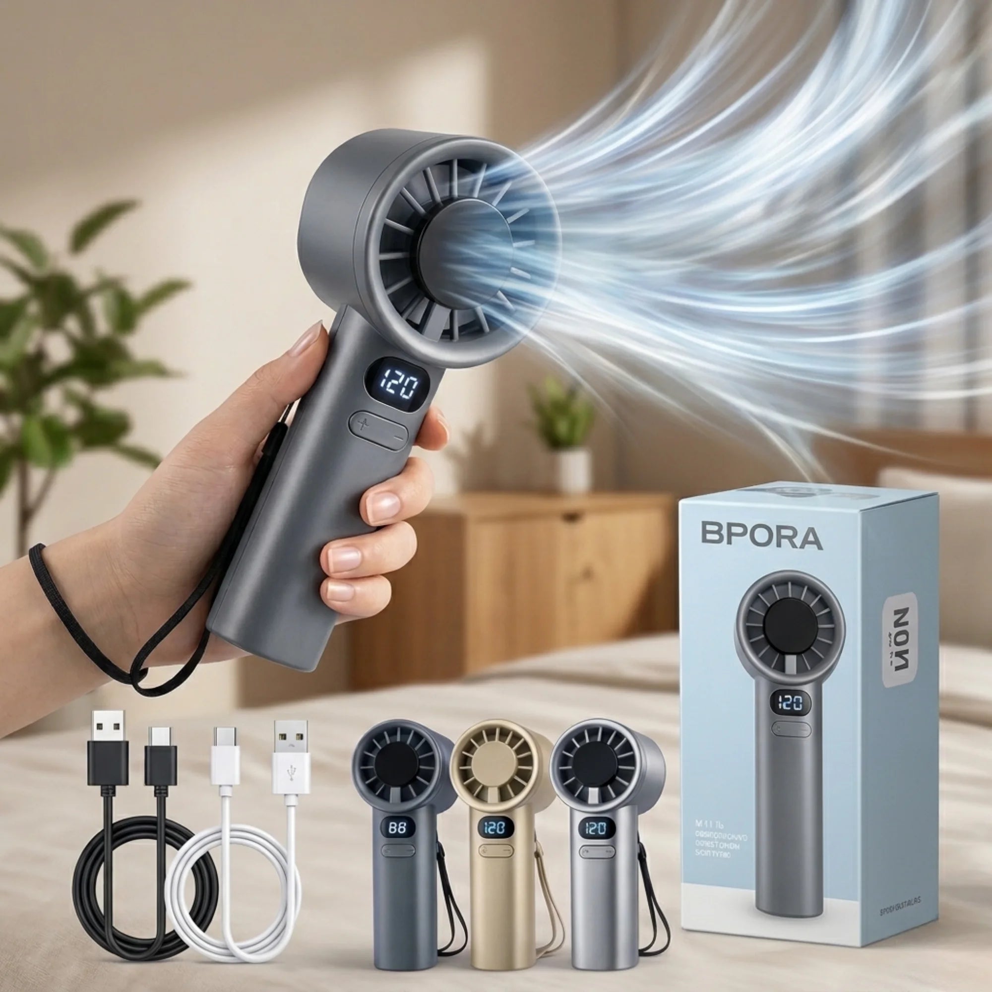 Digital Handheld Fan with LED Display, 120 Speed Levels, Quiet Airflow & Portable Rechargeable Design