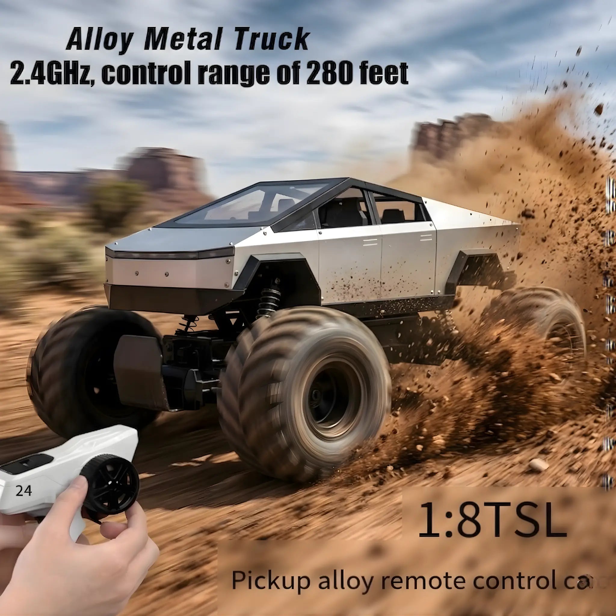1:8 Scale Large Size 4WD RC Monster Truck with Metal Body, 2.4GHz Remote Control, LED Headlights, All-Terrain Off-Road Car for Adults