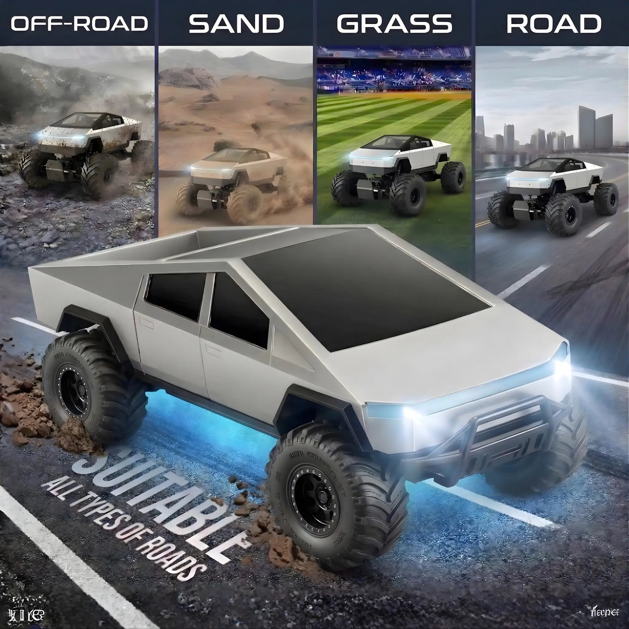 1:8 Scale Large Size 4WD RC Monster Truck with Metal Body, 2.4GHz Remote Control, LED Headlights, All-Terrain Off-Road Car for Adults