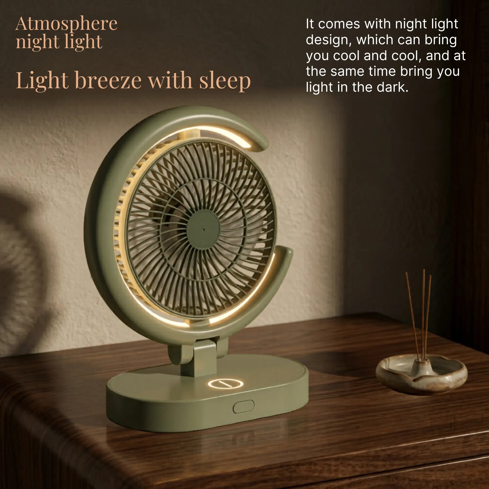 USB Rechargeable Mini Desk Fan with Night Light, Silent Brushless Motor & Portable Compact Design
