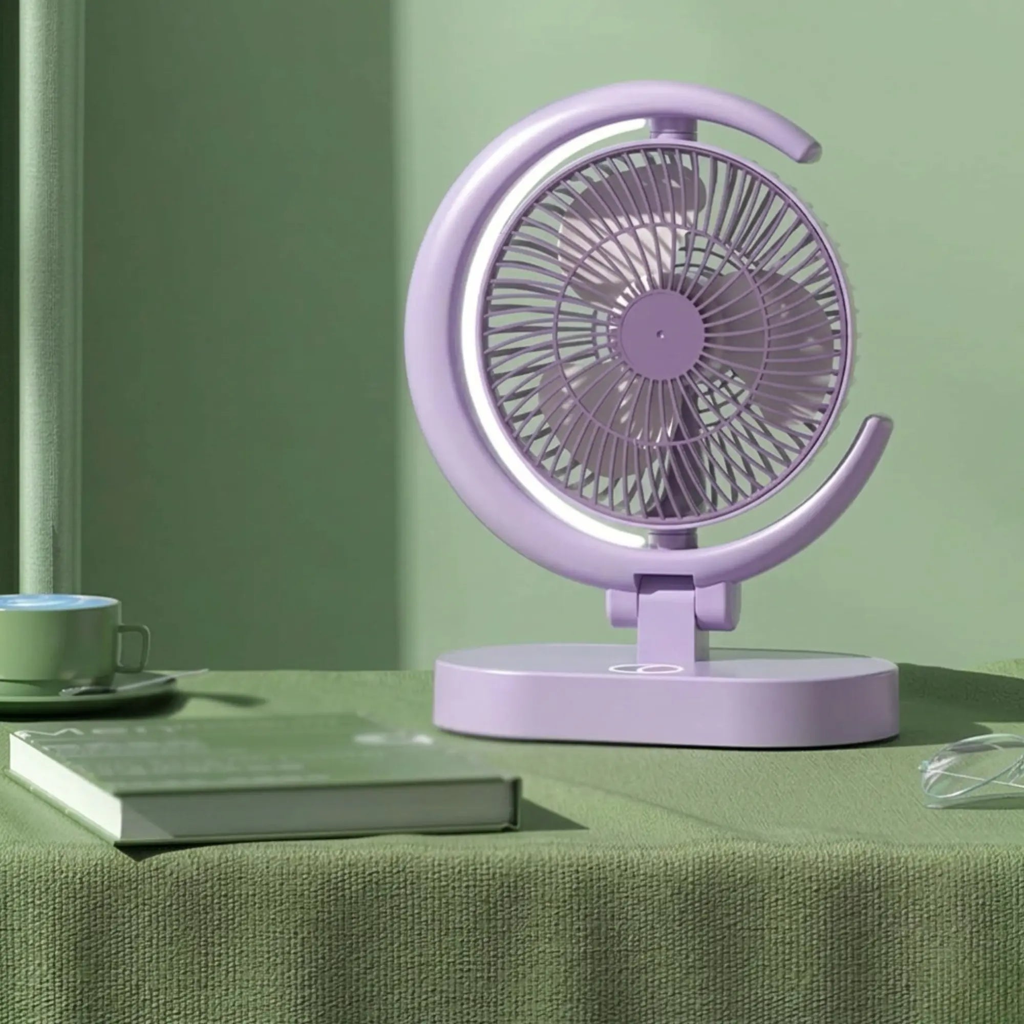 USB Rechargeable Mini Desk Fan with Night Light, Silent Brushless Motor & Portable Compact Design