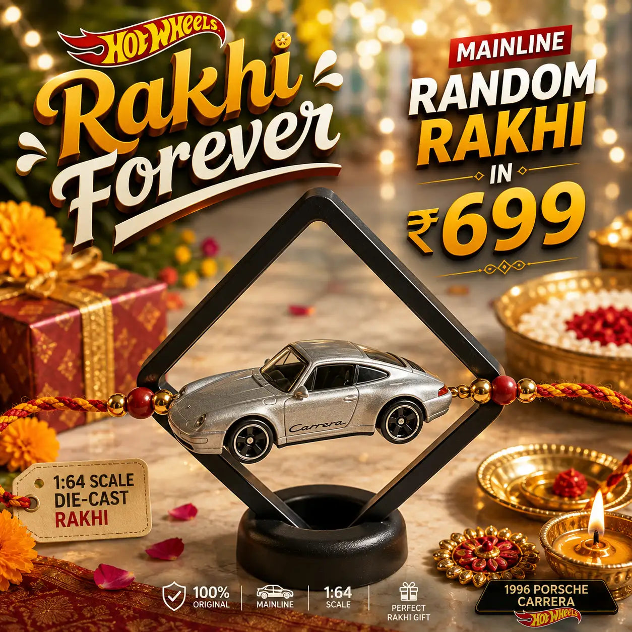 Die-Cast Random Hot Wheels Rakhi ₹699 – Mainline 1:64 Scale Collectible