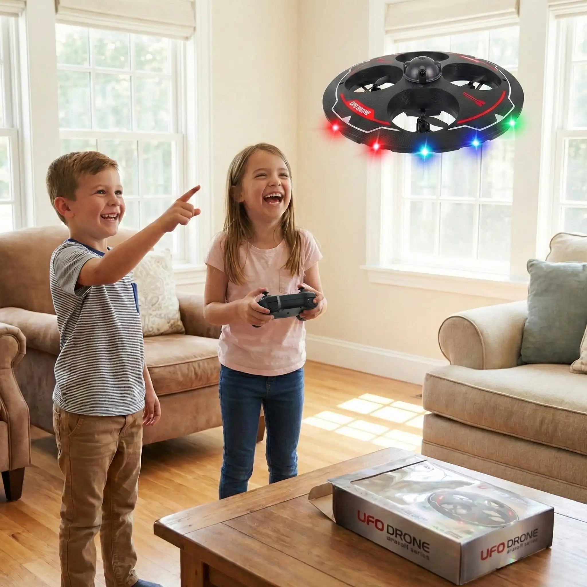 RC UFO Drone with LED Lights, Obstacle Avoidance & Altitude Hold | 360° Flip Remote Control Flying Drone with 2 Rechargeable Batteries