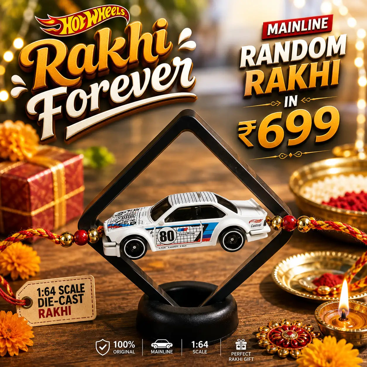 Die-Cast Random Hot Wheels Rakhi ₹699 – Mainline 1:64 Scale Collectible