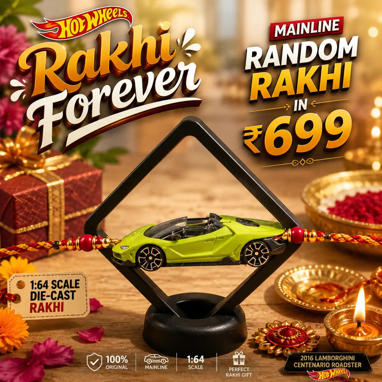 Die-Cast Random Hot Wheels Rakhi ₹699 – Mainline 1:64 Scale Collectible