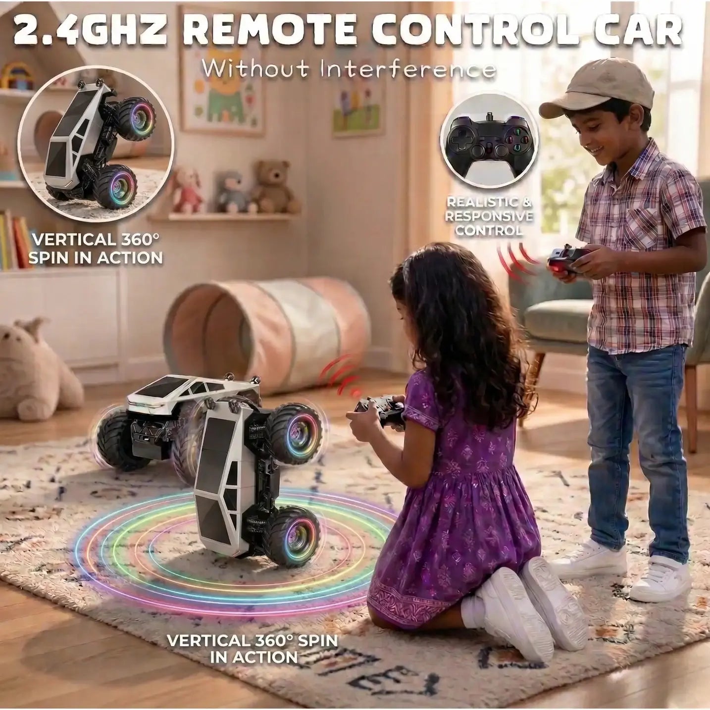 RC Monster Truck 1:18 Scale 4WD Remote Control Car – 360° Rotating Stunt Off Road RC Car with LED Lights, Music & 2.4GHz Rechargeable Racing Truck Toy for Kids