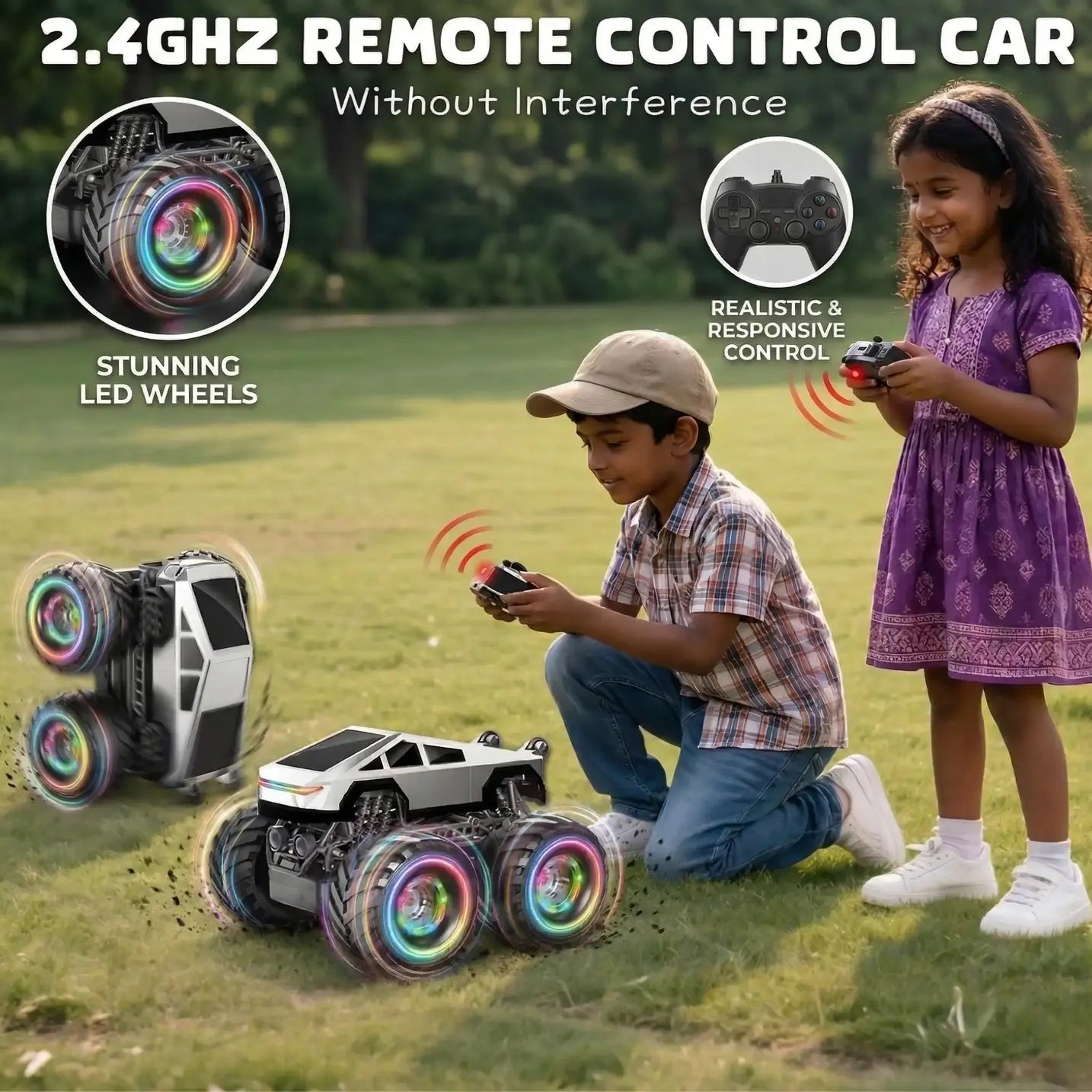 RC Monster Truck 1:18 Scale 4WD Remote Control Car – 360° Rotating Stunt Off Road RC Car with LED Lights, Music & 2.4GHz Rechargeable Racing Truck Toy for Kids