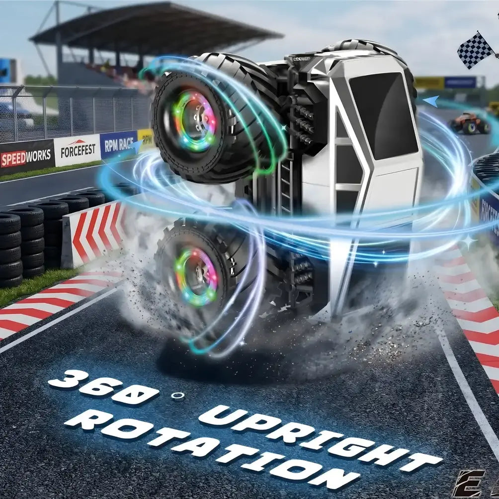 RC Monster Truck 1:18 Scale 4WD Remote Control Car – 360° Rotating Stunt Off Road RC Car with LED Lights, Music & 2.4GHz Rechargeable Racing Truck Toy for Kids
