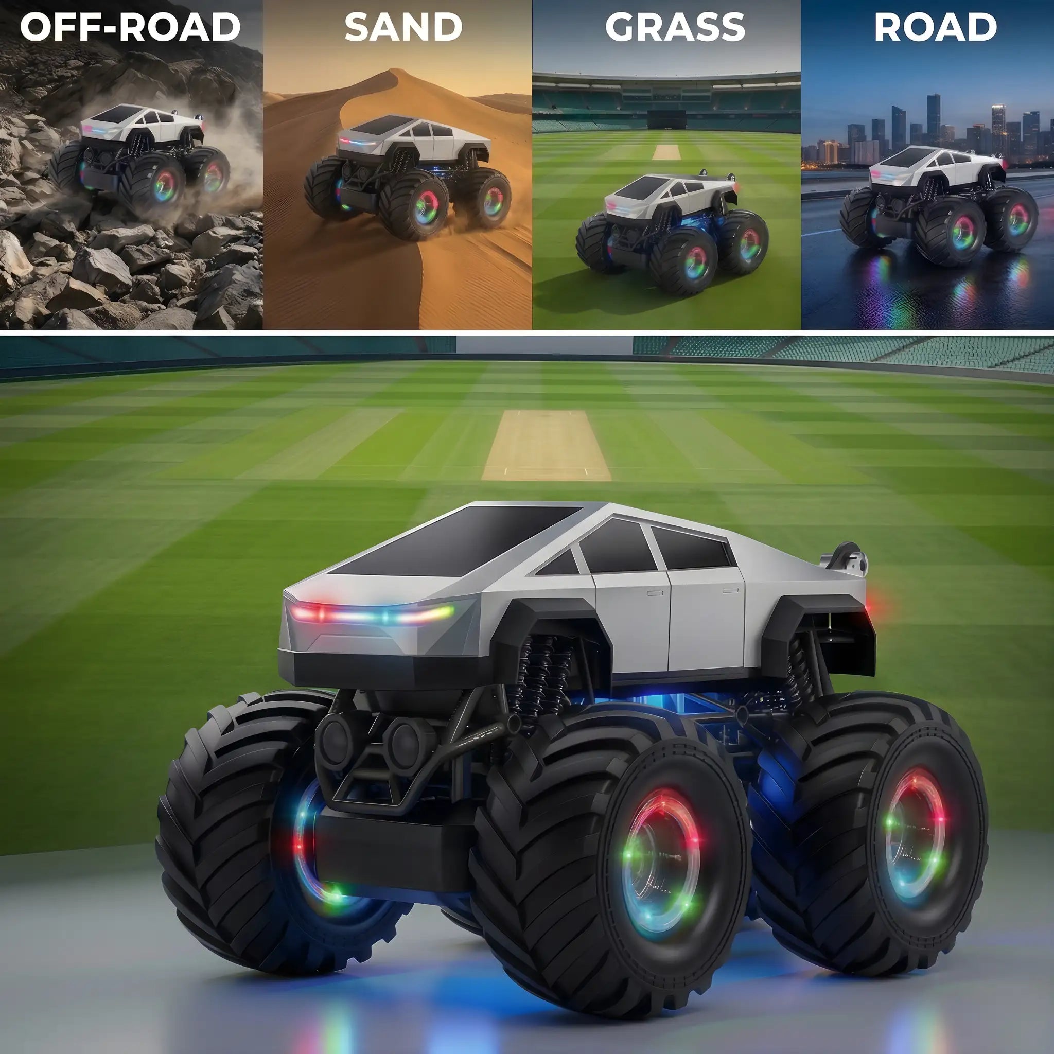 RC Monster Truck 1:18 Scale 4WD Remote Control Car – 360° Rotating Stunt Off Road RC Car with LED Lights, Music & 2.4GHz Rechargeable Racing Truck Toy for Kids