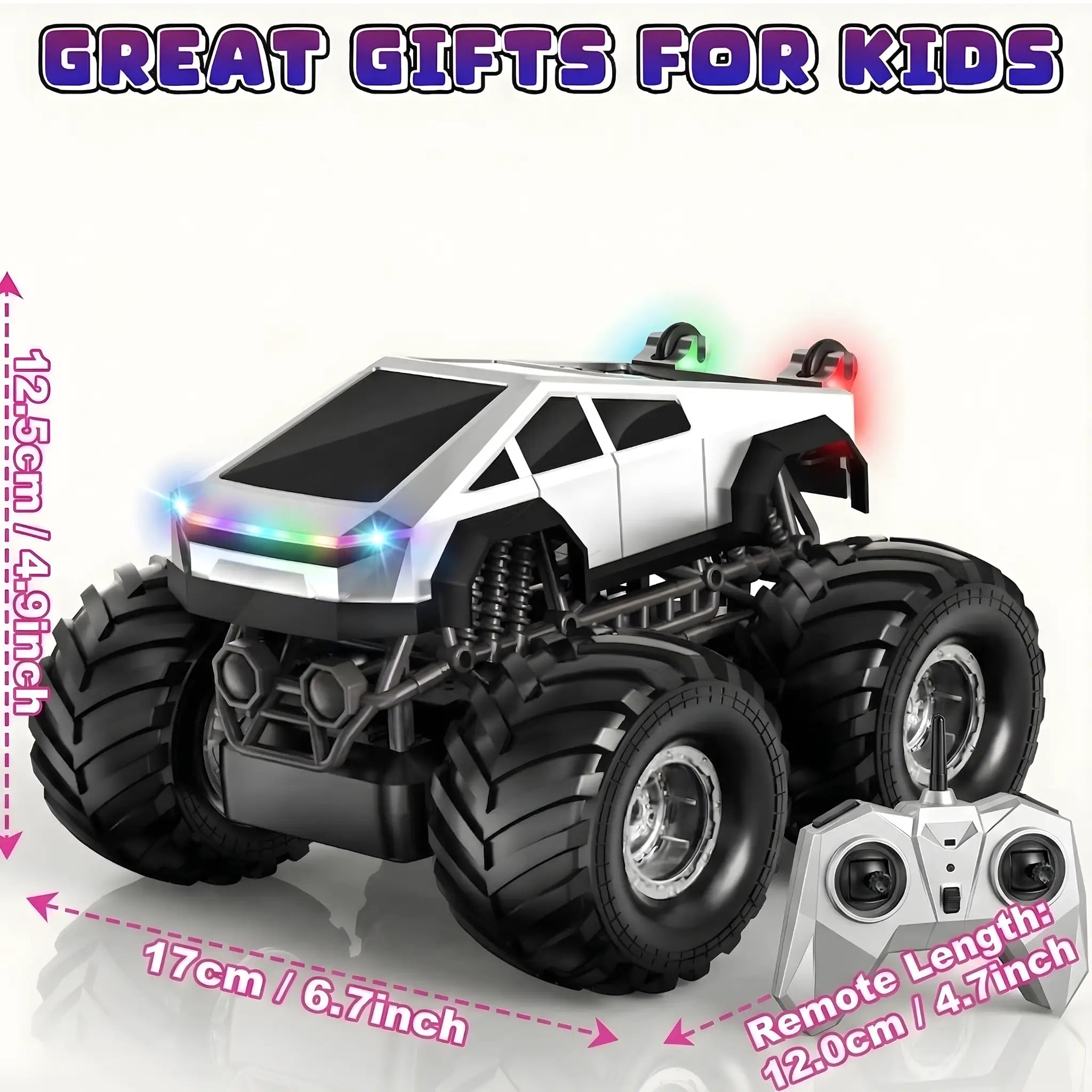 RC Monster Truck 1:18 Scale 4WD Remote Control Car – 360° Rotating Stunt Off Road RC Car with LED Lights, Music & 2.4GHz Rechargeable Racing Truck Toy for Kids