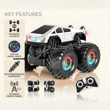 RC Monster Truck 1:18 Scale 4WD Remote Control Car – 360° Rotating Stunt Off Road RC Car with LED Lights, Music & 2.4GHz Rechargeable Racing Truck Toy for Kids