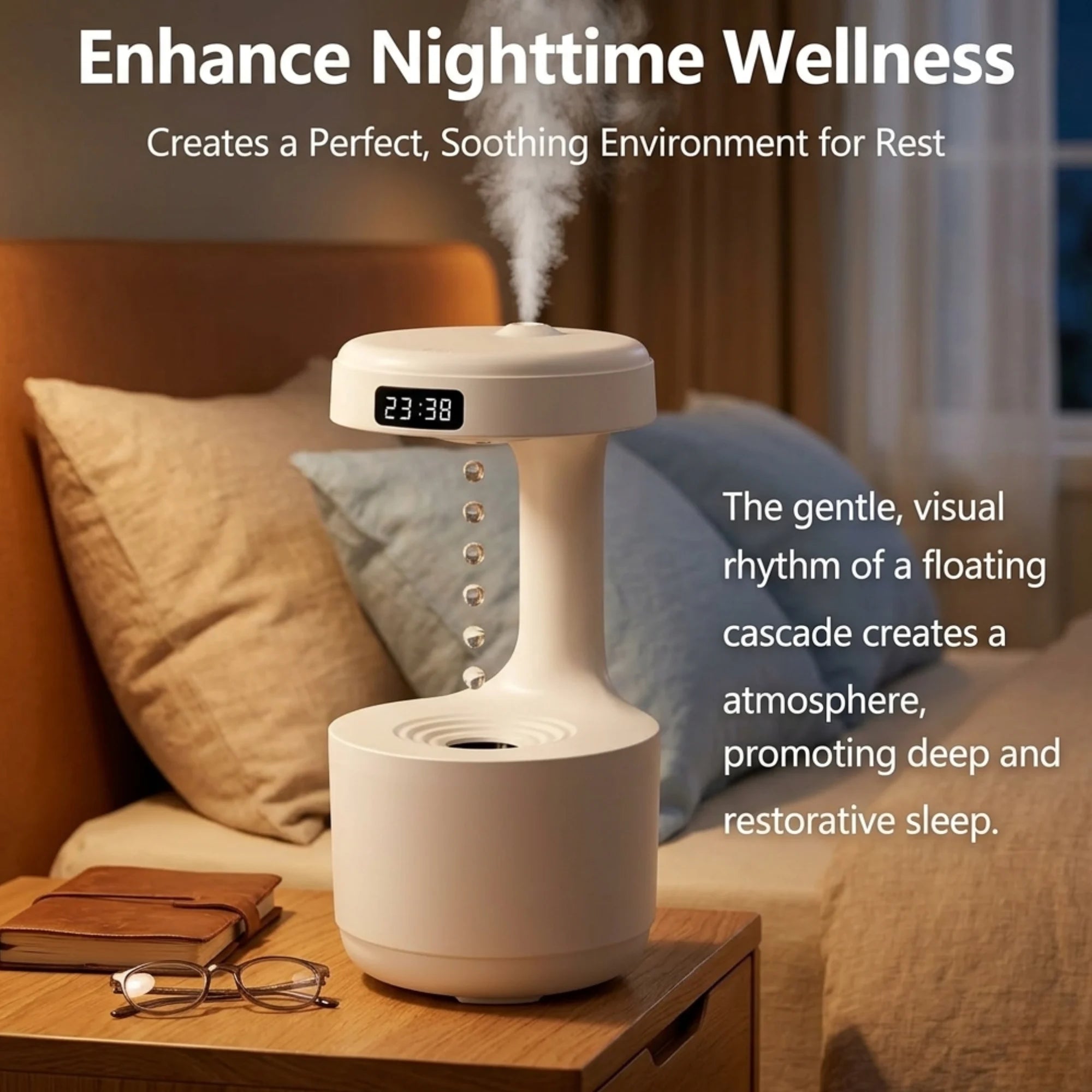 Anti-Gravity Humidifier with LED Light, Digital Clock Display & Ultrasonic Mist Technology