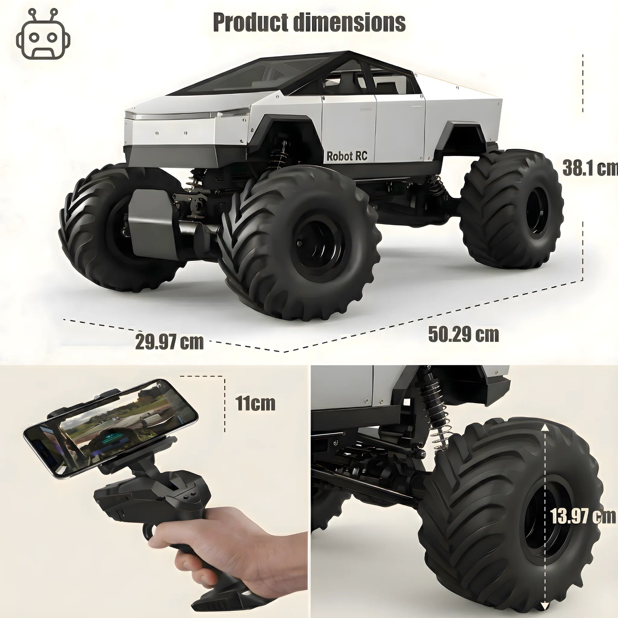 1:8 Scale Large Size 4WD RC Monster Truck with Metal Body, 2.4GHz Remote Control, LED Headlights, All-Terrain Off-Road Car for Adults