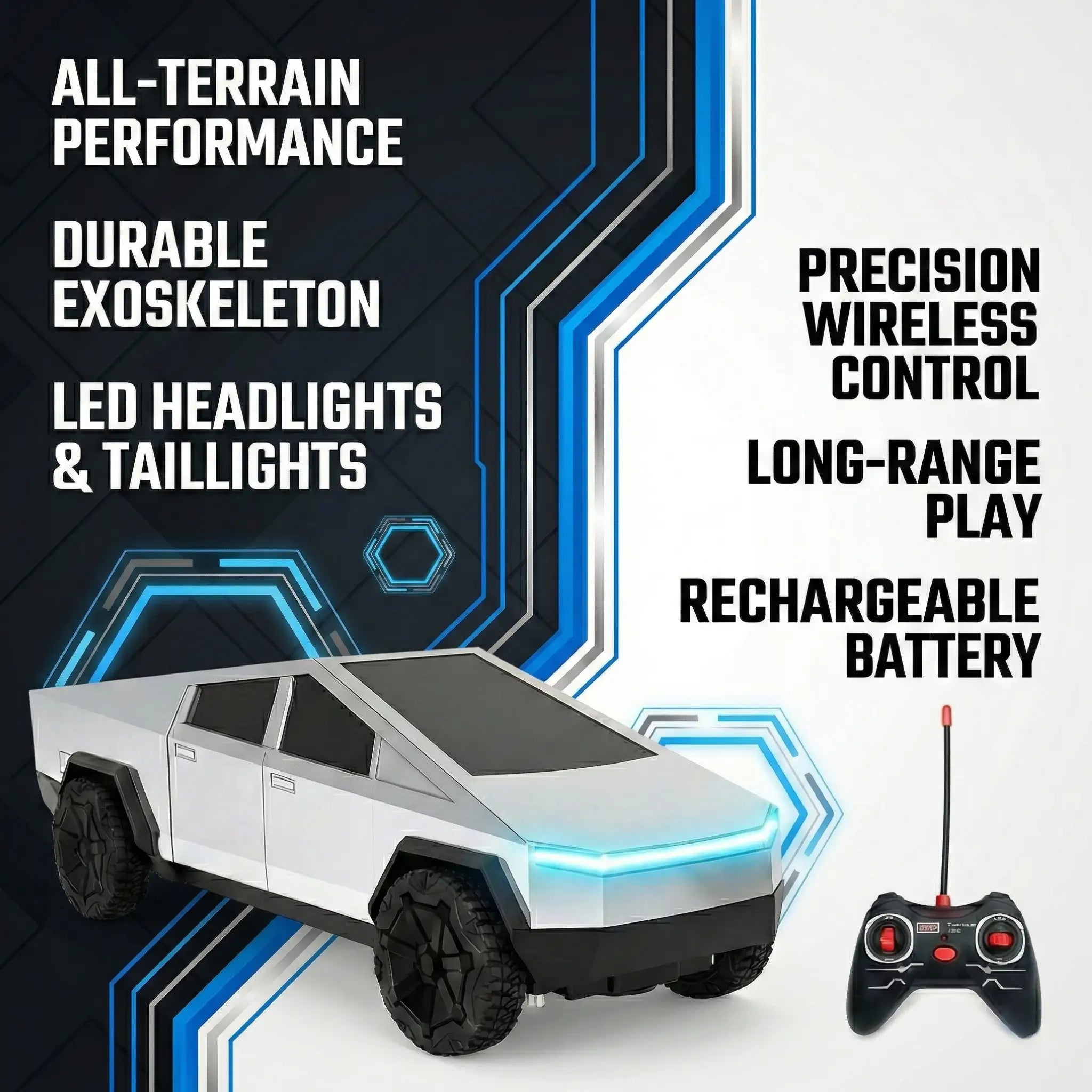 RC Cybertruck Remote Control Car – Off-Road RC Truck with LED Lights & Rechargeable Battery (Ages 6+)