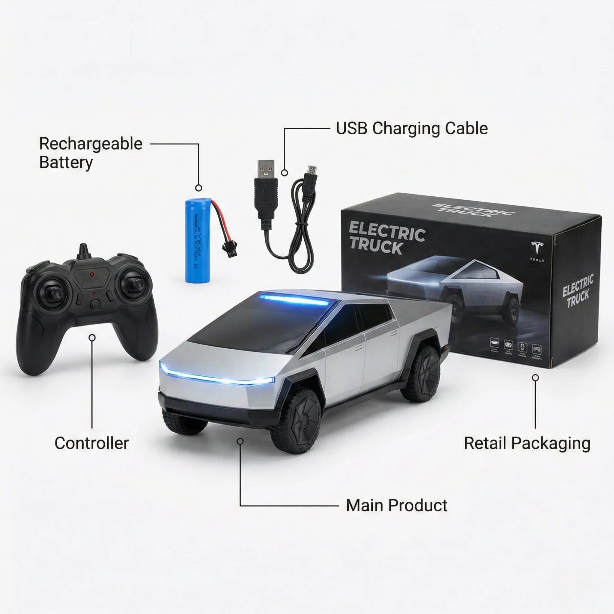 RC Cybertruck Remote Control Car – Off-Road RC Truck with LED Lights & Rechargeable Battery (Ages 6+)