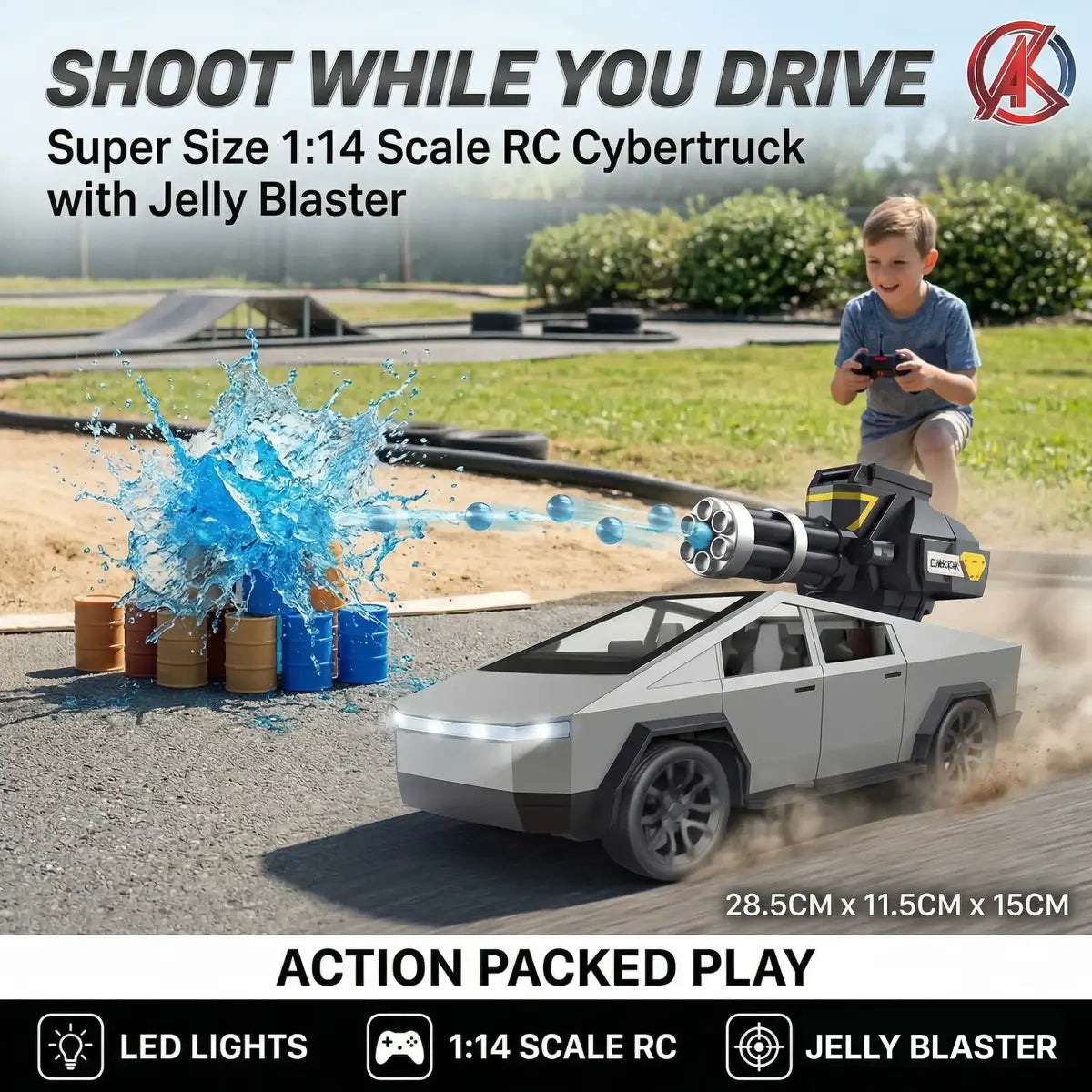 RC Jelly Gun Cyber Truck 1:14 Remote Control Car – Water Gel Blaster Truck with Spray Cannon, LED Lights & Rechargeable Battery for Kids