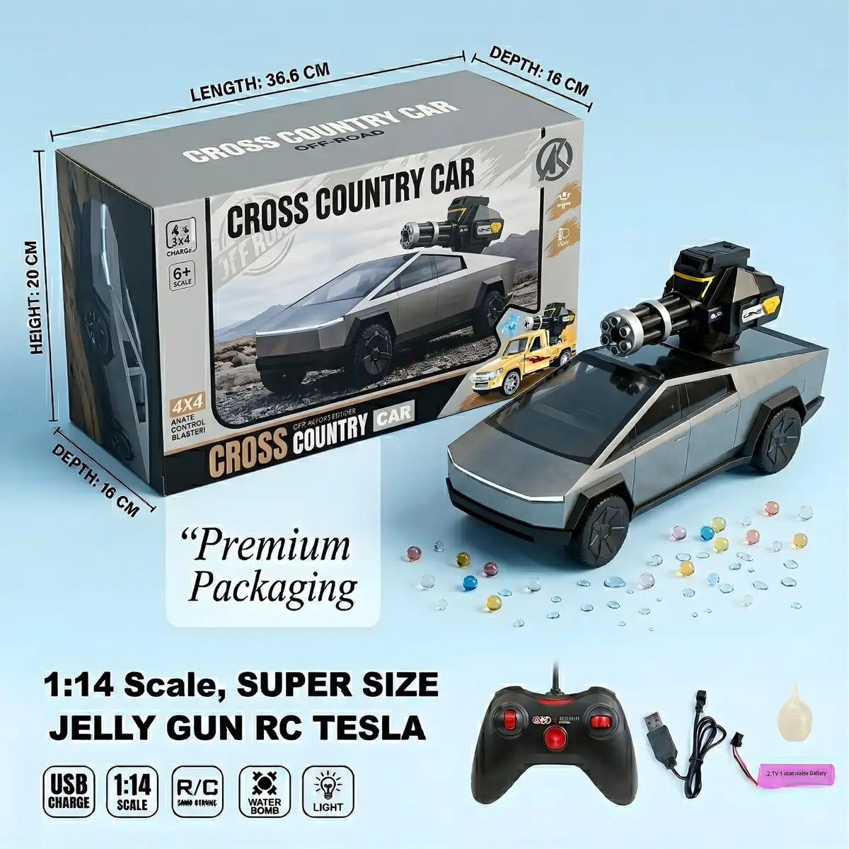 RC Jelly Gun Cyber Truck 1:14 Remote Control Car – Water Gel Blaster Truck with Spray Cannon, LED Lights & Rechargeable Battery for Kids