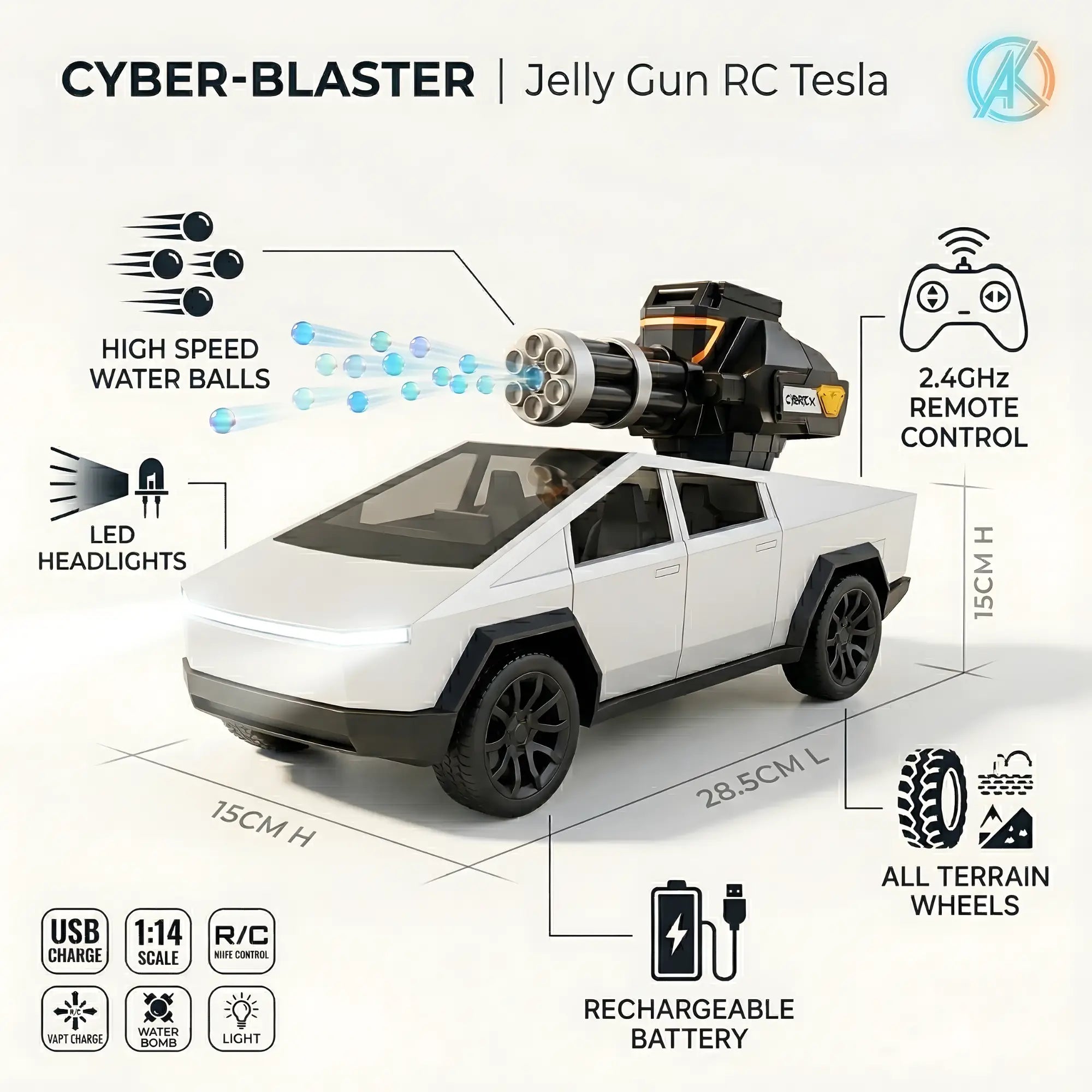 RC Jelly Gun Cyber Truck 1:14 Remote Control Car – Water Gel Blaster Truck with Spray Cannon, LED Lights & Rechargeable Battery for Kids