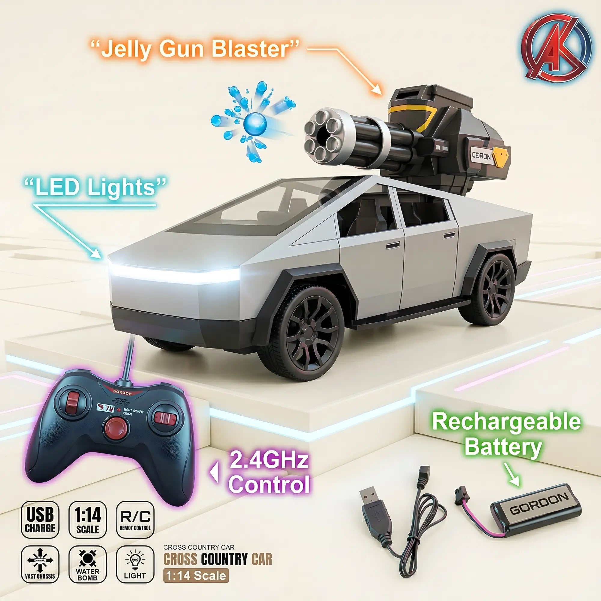 RC Jelly Gun Cyber Truck 1:14 Remote Control Car – Water Gel Blaster Truck with Spray Cannon, LED Lights & Rechargeable Battery for Kids