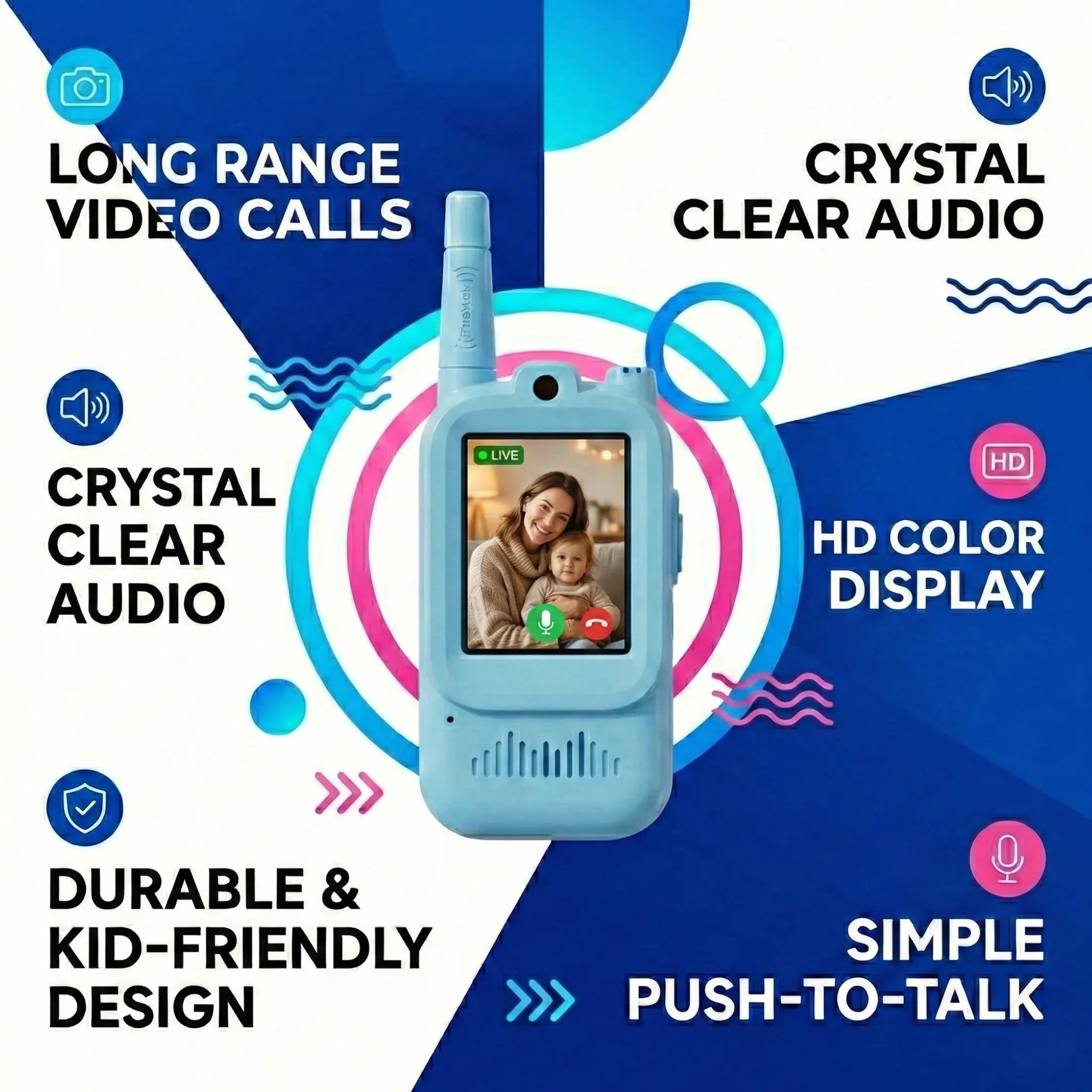 Rechargeable Kids Walkie Talkie Toy with Front Camera, Photo Capture & Two-Way Communication