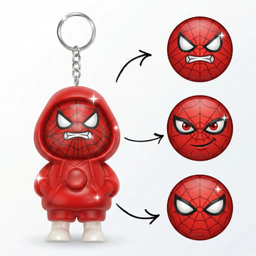 Spooderman Face-Changing Keychain - Cool 3-Expression Superhero Charm for Keys, Bags and Gifting